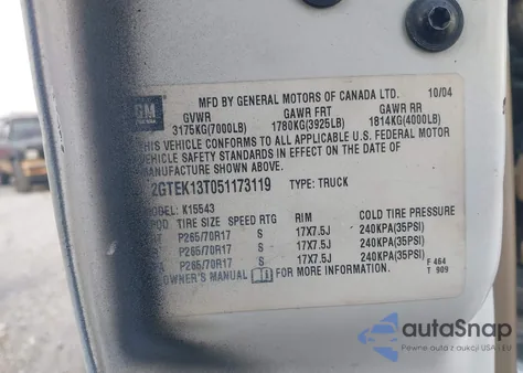 2005 GMC Sierra 1500 Sle z USA, uszkodzony, nr VIN 2GTEK13T051173119